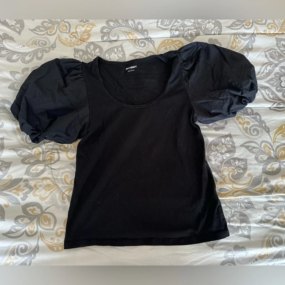 🌸 Old Navy Puff Sleeve Black Top Small‎ Balloon Sleeve Chic Minimal Blouse